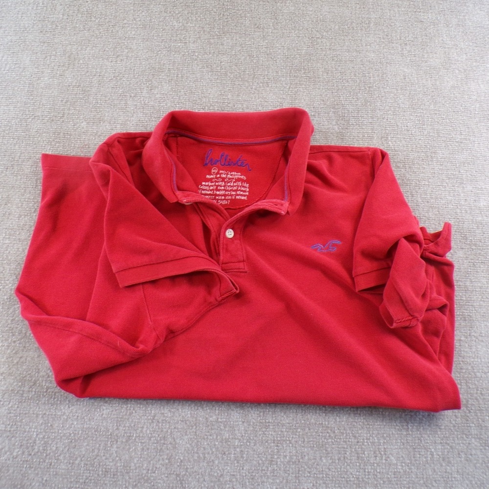Hollister Red Polo Shirt XXL Embroidered Logo Fits M/L Y2K Style Slim Fit - Picture 4 of 8